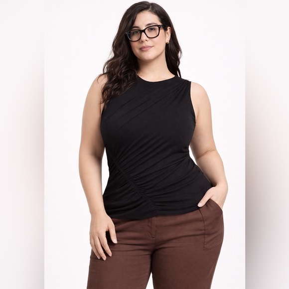 Dkny Tops - DKNY Black Ruched Sleeveless Blouse Asymmetrical Draped Top Size L